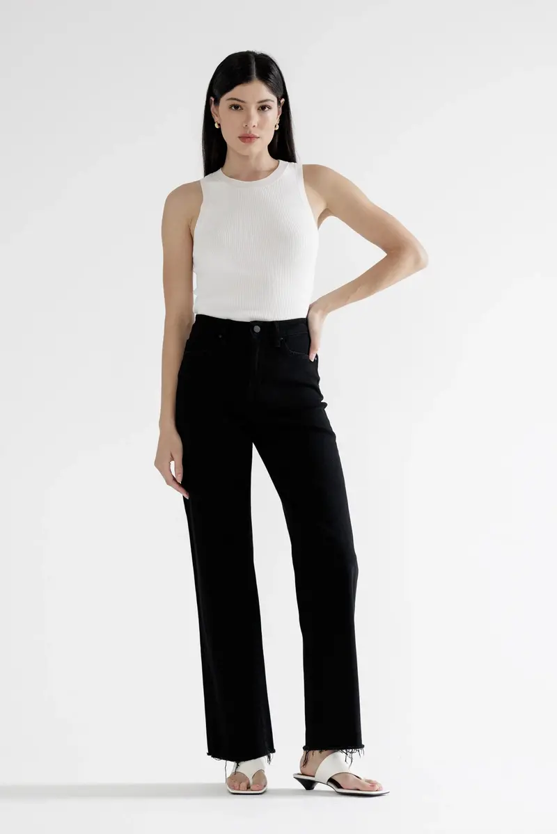 Ladies Mica Denim Black High Rise Slim Wide Leg Raw Hem - Mdp-W3251bk 1