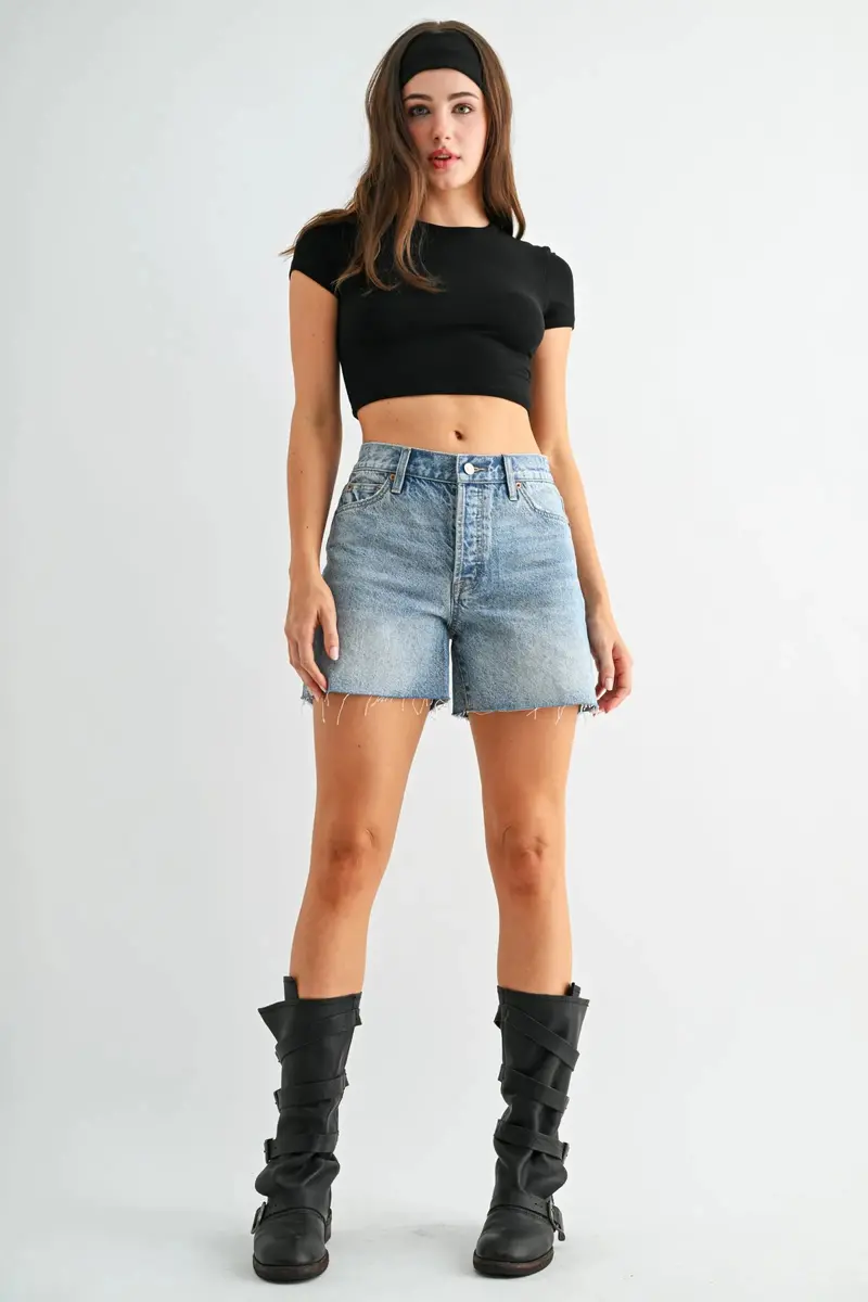 Ladies Mica Denim High Rise Raw Hem Button Fly Shorts - Mdp-H3839 1