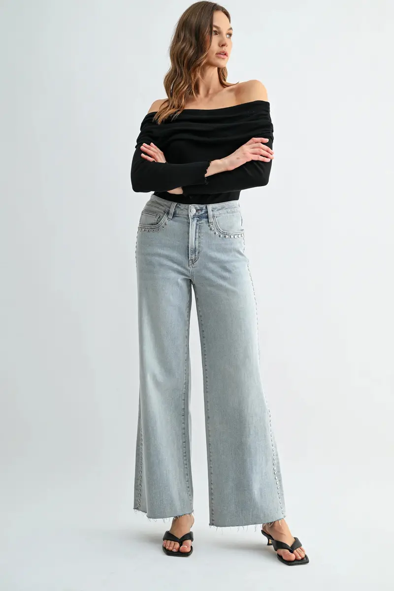 Ladies Mica Denim High-Rise Wide Leg Raw Hem Studded Jeans - Mdp-W3904 1