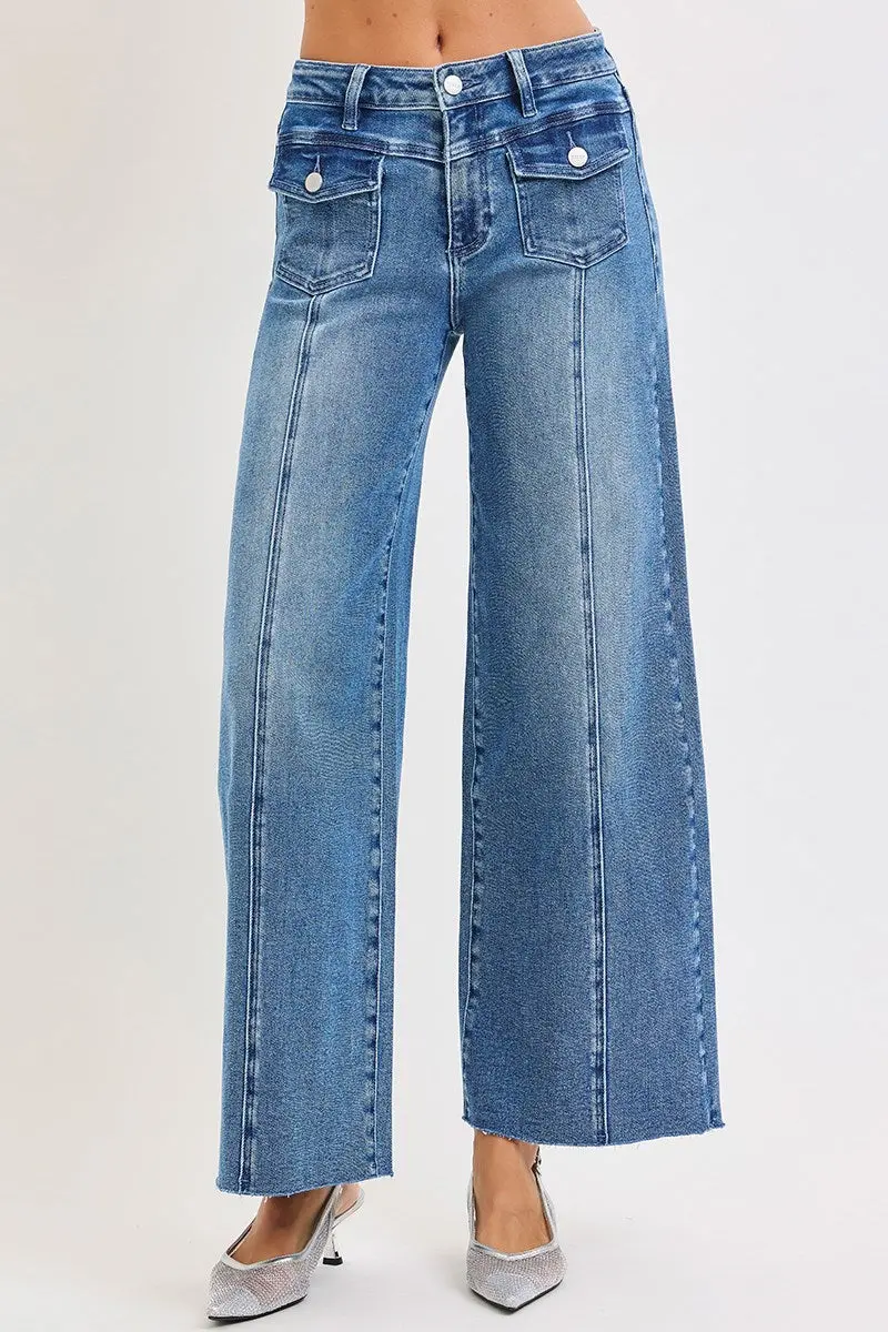 Ladies Risen High Rise Ankle Wide Jeans With Front Flap Patch Pocket - Pwa21328 1
