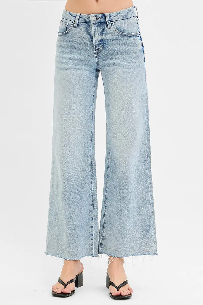 Ladies Risen Tummy Control Low Rise Wide Leg Raw Cut Hem Jeans - Pw21189 1