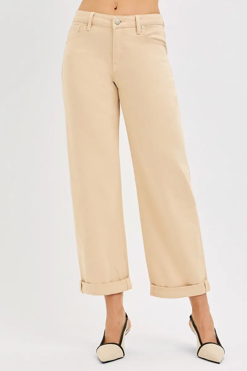 Ladies Risen Tummy Control Mid Rise Ankle Barrel Relaxed Baggy Pants - Pga21132 1