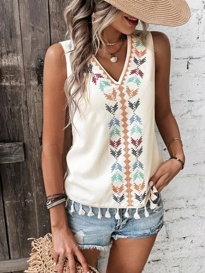 Ladies Rosa Clothing Boho Embroidered Tassle Tank - Rcwj01084 1