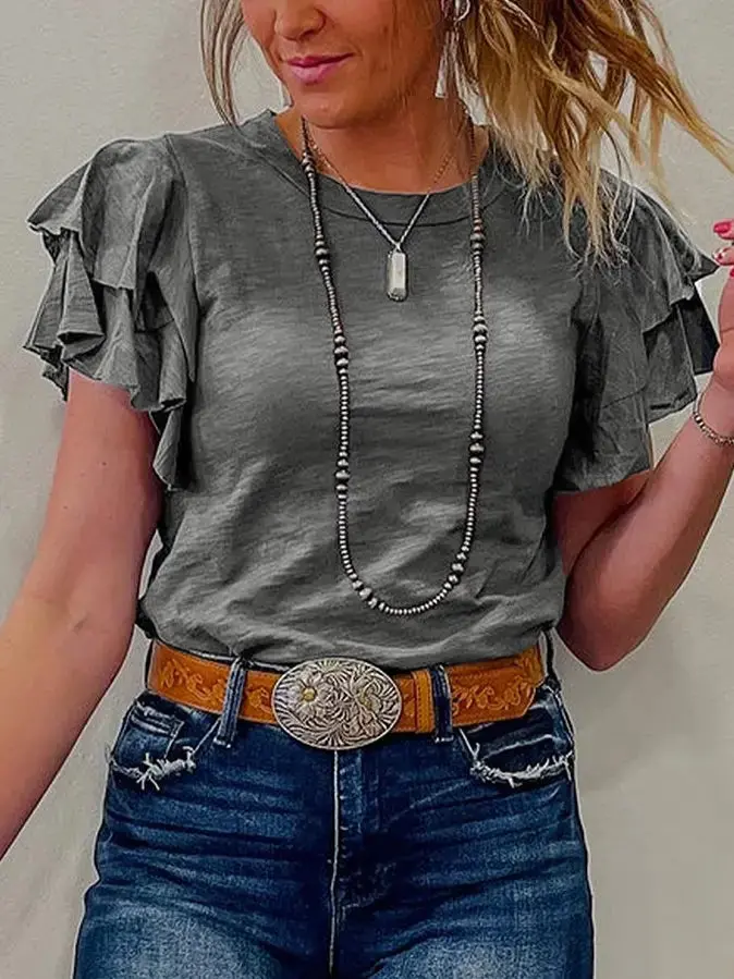 Ladies Rosa Clothing Ruffle Flutter Short Sleeve Round Neck Tee - Rcjy04504 1