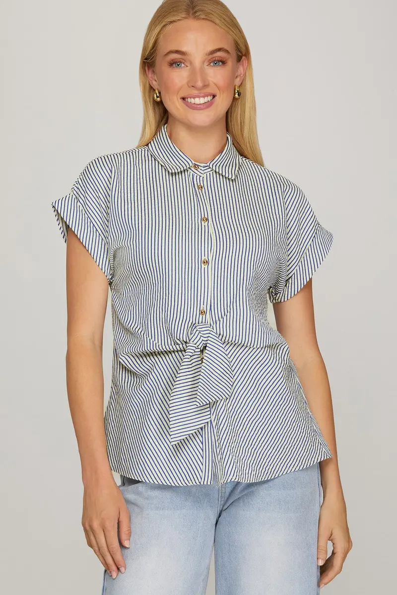 Ladies She + Sky Navy Woven Striped Tie Front Button Shirt - Sy9820 1