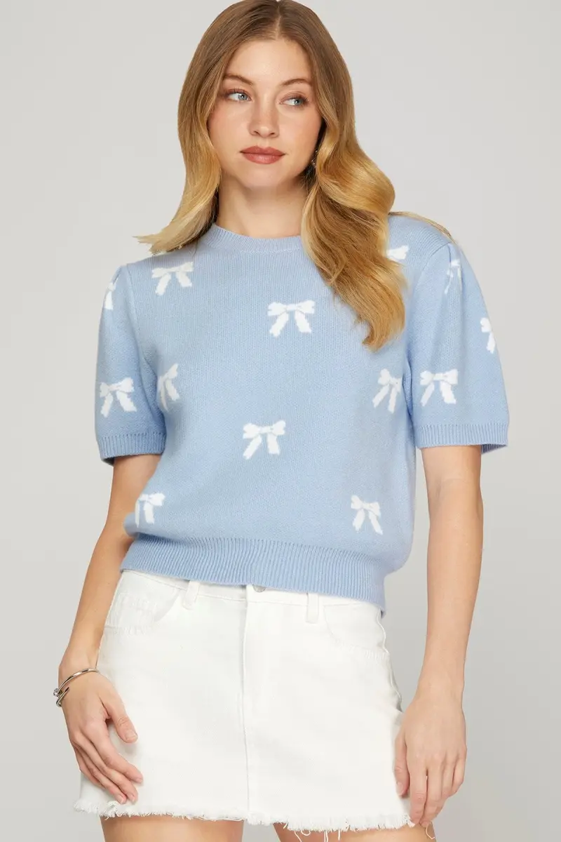 Ladies She + Sky Puff Short Sleeve Bow Pattern Sweater Top - Sy7677r 1