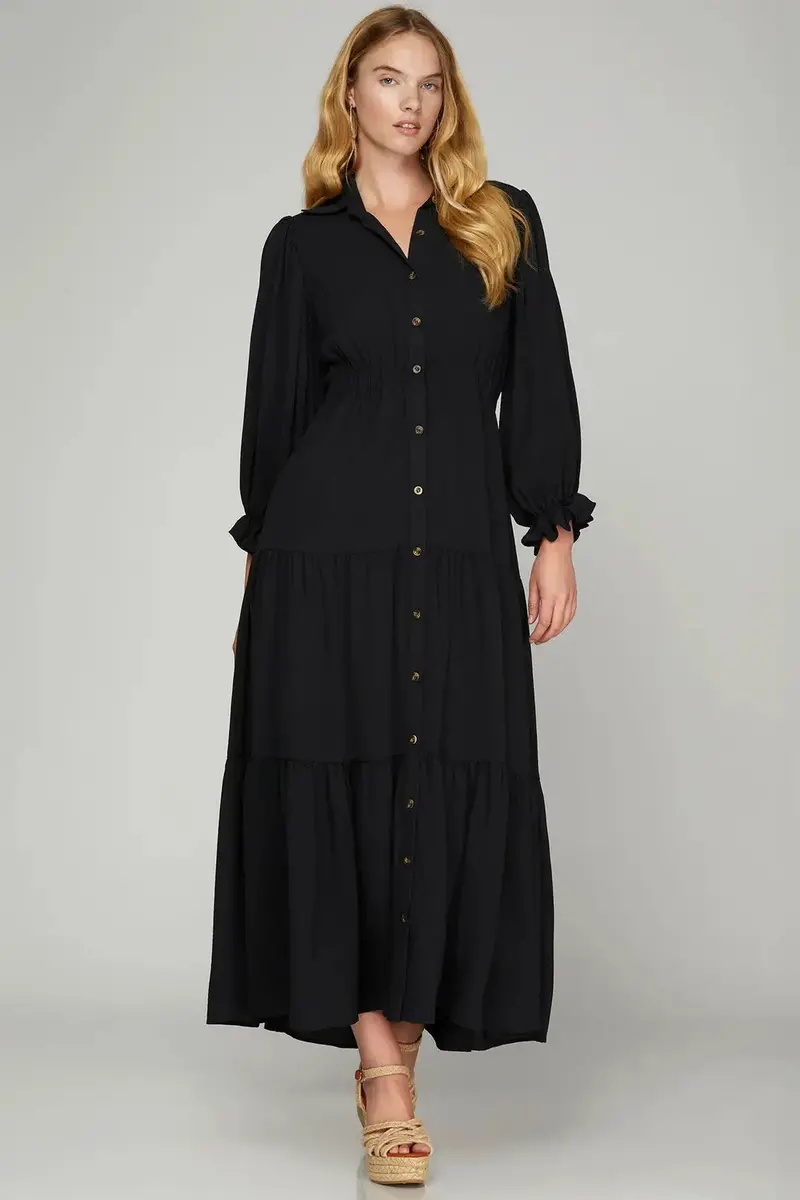 Ladies She + Sky Puff Sleeved Tiered Black Dress - Sy7543 1