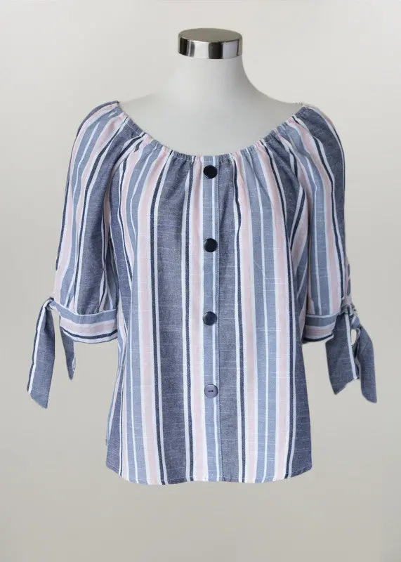 Ladies Top Denim White Pink Stripe - 78023 1