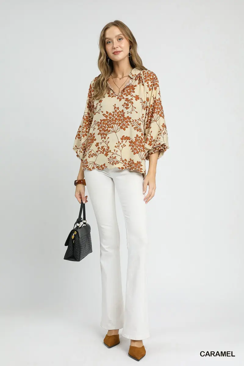 Ladies Umgee Cherry Blossom Print Scalloped Hem Blouse - C5415 1