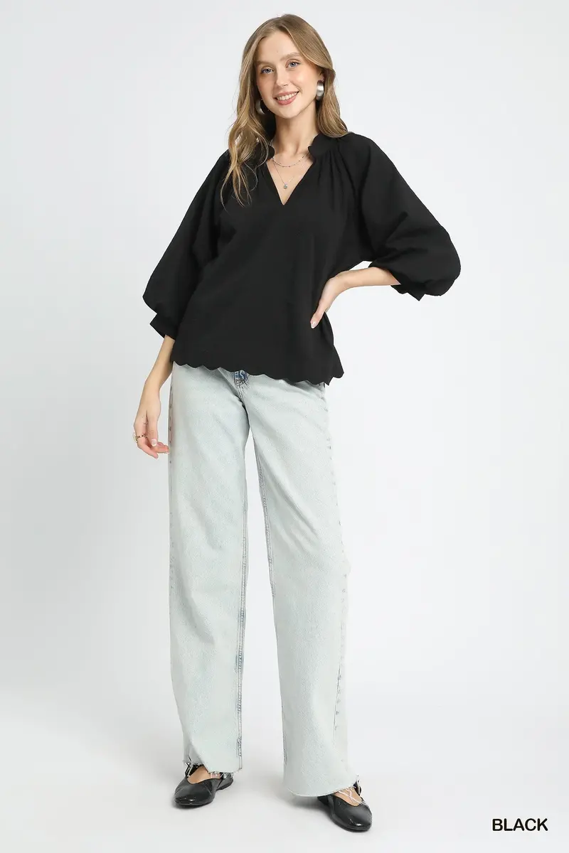 Ladies Umgee Split V Neck Top With Balloon Sleeves - C5060 1