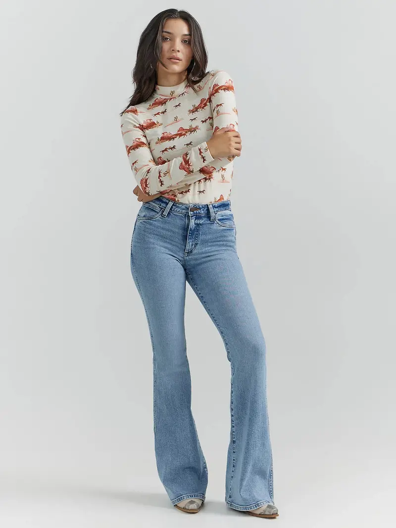 Ladies Wrangler Horse Print Mock Neck Shirt In Creamsicle - 112353207 1