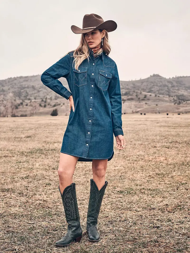 Ladies Wrangler Iconic Western Snap Denim Dress - 112373761 1