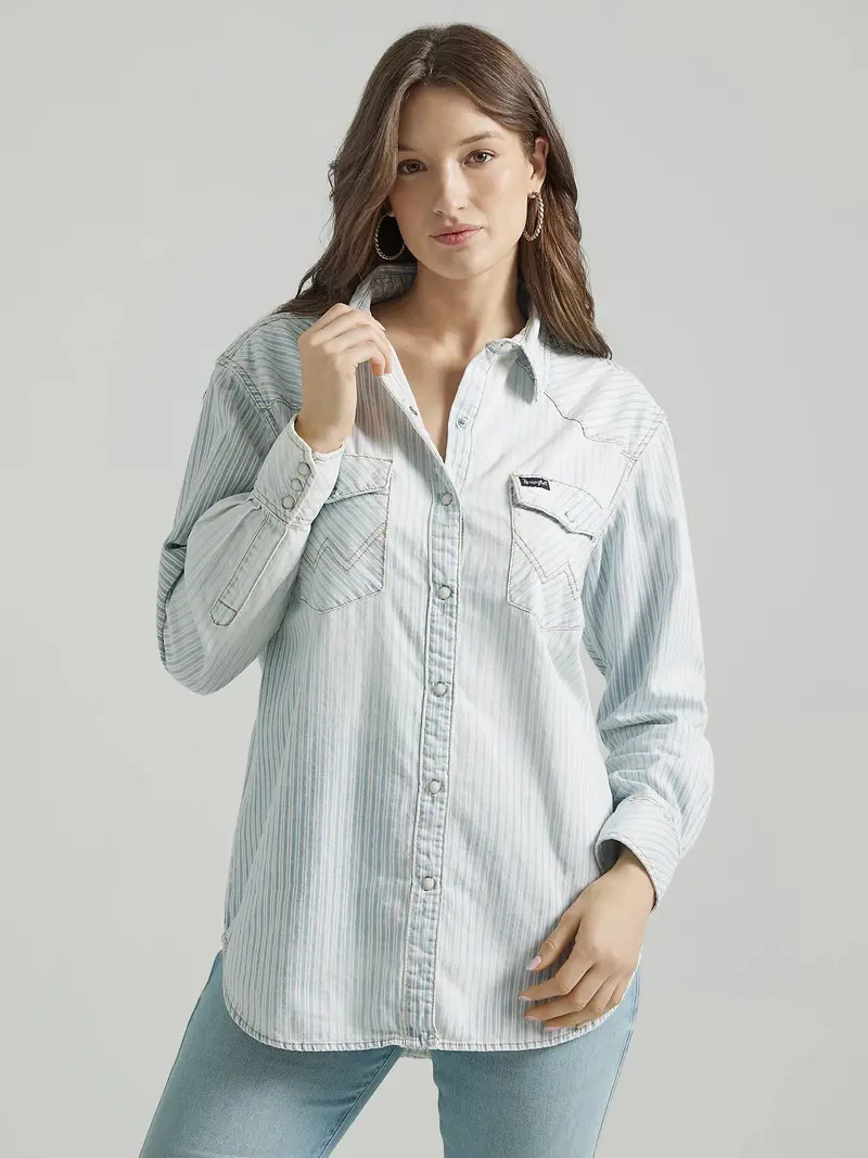 Ladies Wrangler Retro® Boyfriend Western Snap Shirt In Texture Stripe - 1123475209 1