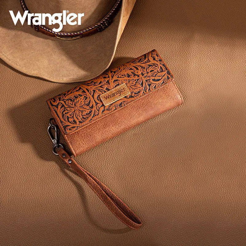 Ladies Wrangler Western Floral Tooled Tri-Fold Rfid Wallet/Wristlet - Wg196-W056br 1