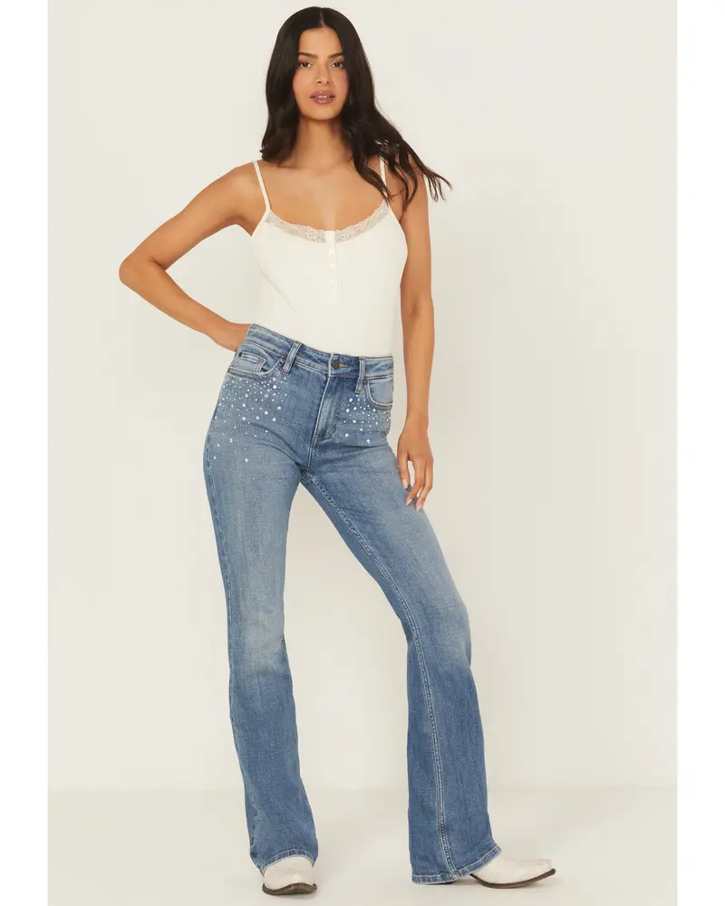 Legend Medium Wash High Rise Rhinestone Studded Bootcut Super Stretch Denim Jeans 1