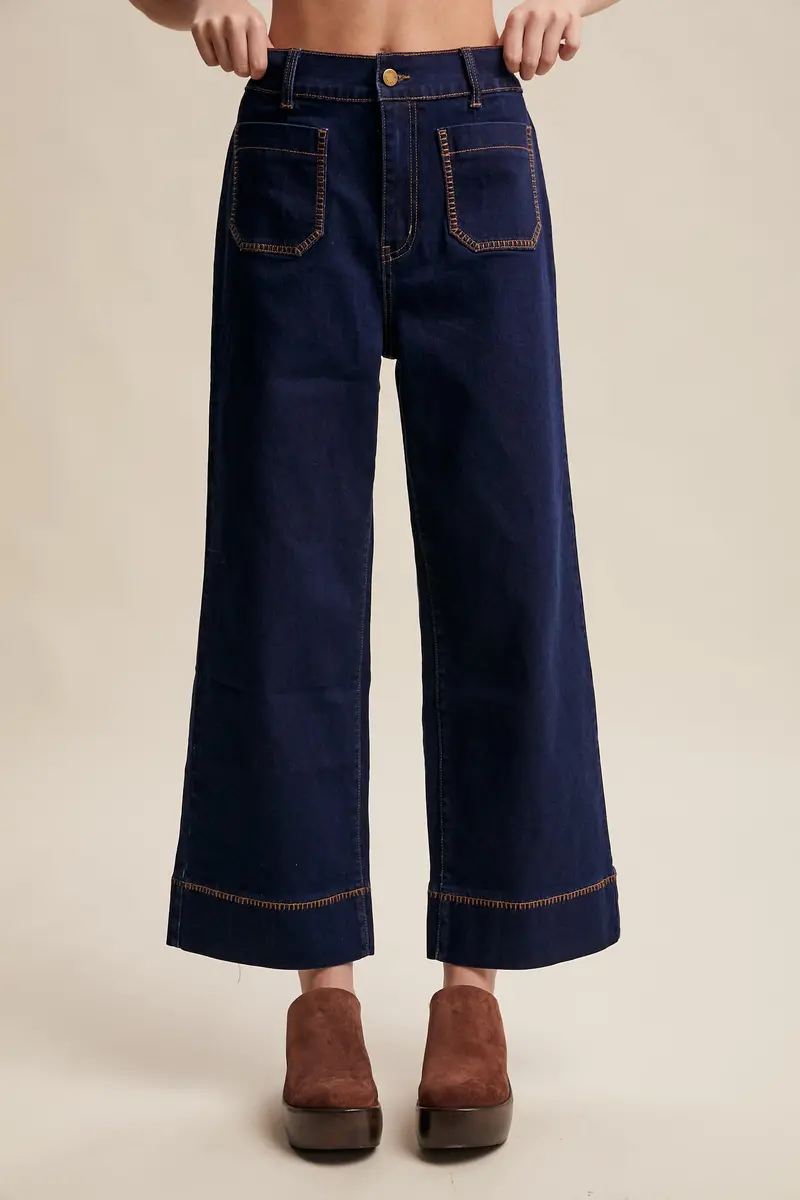 Listicle Contrast Stitch Wide Leg Stretch Denim Pants - Lp0275 1
