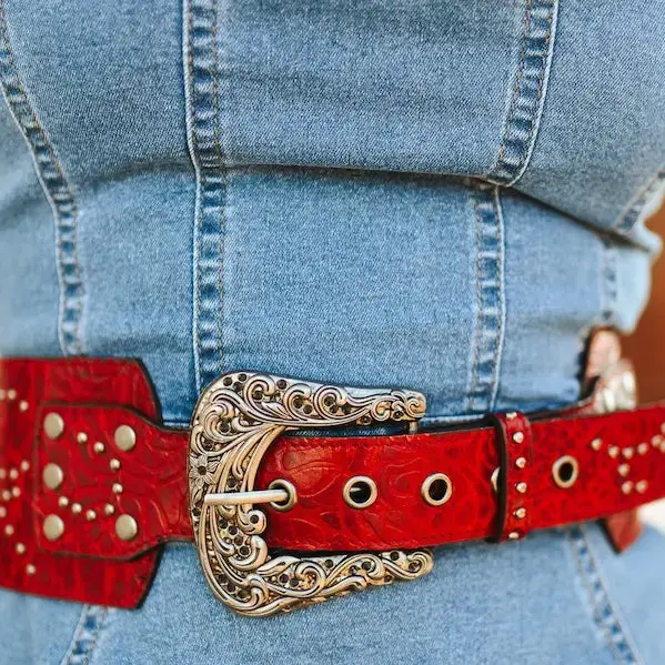 Lucky & Blessed Red Tooled Genuine Leather Studded Wide Belt 1