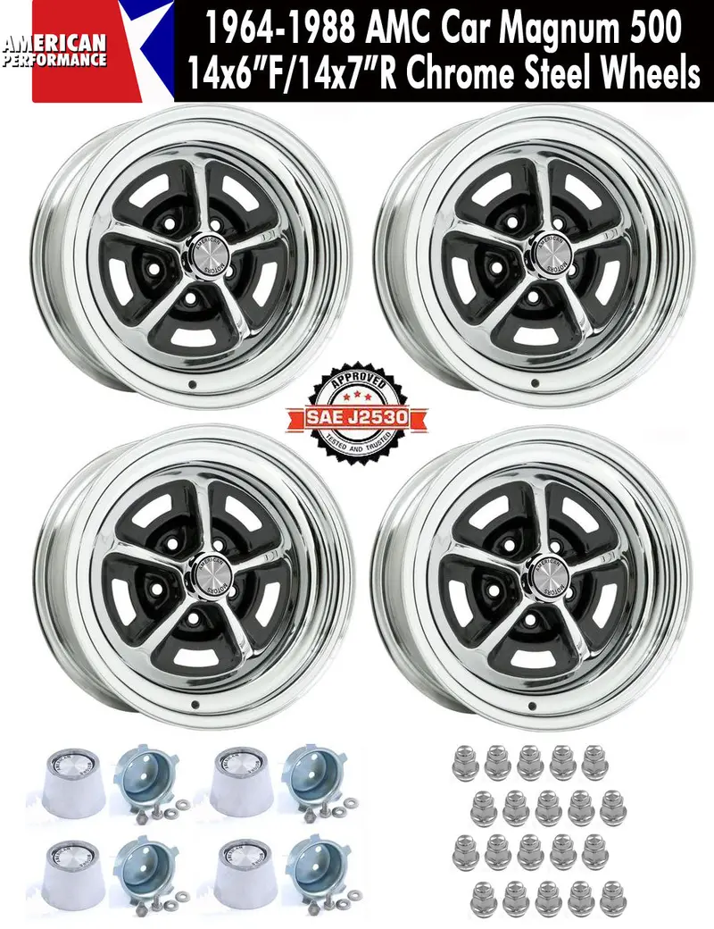 Magnum 500 Wheel, 14X7"/14X8" Staggered Chrome Steel, Set Of 4 With Center Caps & Lug Nuts, 1964-88 Amc, Rambler, Eagle (See Applications) - Drop Ships In Approx. 1-4 Weeks 1