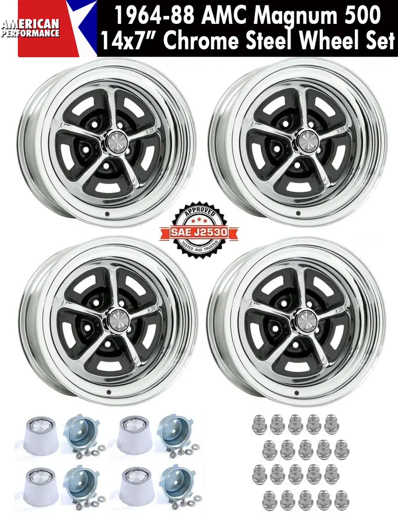 Magnum 500 Wheel, 14X7" Chrome Steel, Set Of 4 With Center Caps & Lug Nuts, 1964-88 Amc, Rambler, Eagle - Drop Ships In Approx. 1-4 Weeks 1