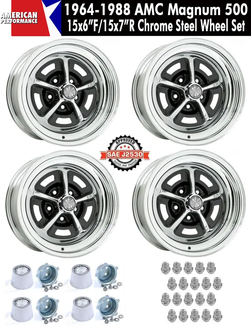 Magnum 500 Wheel, 15X6"/15X7" Staggered Chrome Steel, Set Of 4 With Center Caps & Lug Nuts, 1964-88 Amc, Rambler, Eagle - Drop Ships In Approx. 1-4 Weeks 1