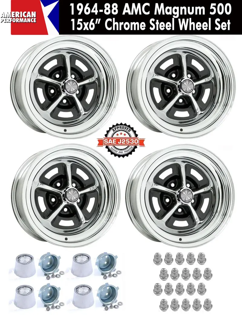 Magnum 500 Wheel, 15X6" Chrome Steel, Set Of 4 With Center Caps & Lug Nuts, 1964-88 Amc, Rambler, Eagle - Drop Ships In Approx. 1-4 Weeks 1