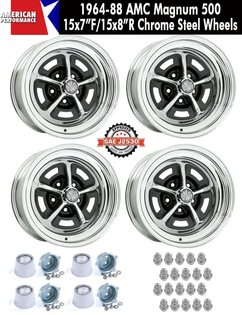 Magnum 500 Wheel, 15X7"/15X8" Staggered Chrome Steel, Set Of 4 With Center Caps & Lug Nuts, 1964-88 Amc, Rambler, Eagle - Drop Ships In Approx. 1-4 Weeks 1