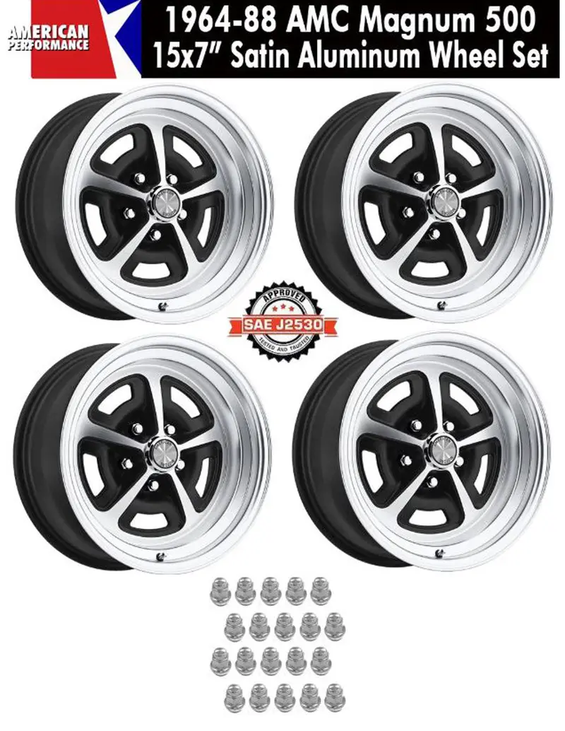 Magnum 500 Wheel, 15X7" Satin Aluminum, Set Of 4 With Center Emblems Only & Lug Nuts, 1964-88 Amc, Rambler, Eagle - Drop Ships In Approx. 1-4 Weeks 1