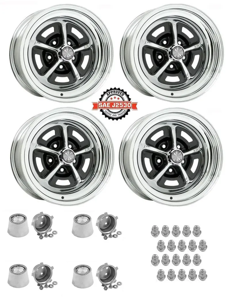 Magnum 500 Wheel, 15X8" Chrome Steel, Set Of 4 With Center Caps & Lug Nuts, 1968-88 Amc, Rambler, Eagle - Drop Ships In Approx. 1-4 Weeks 1