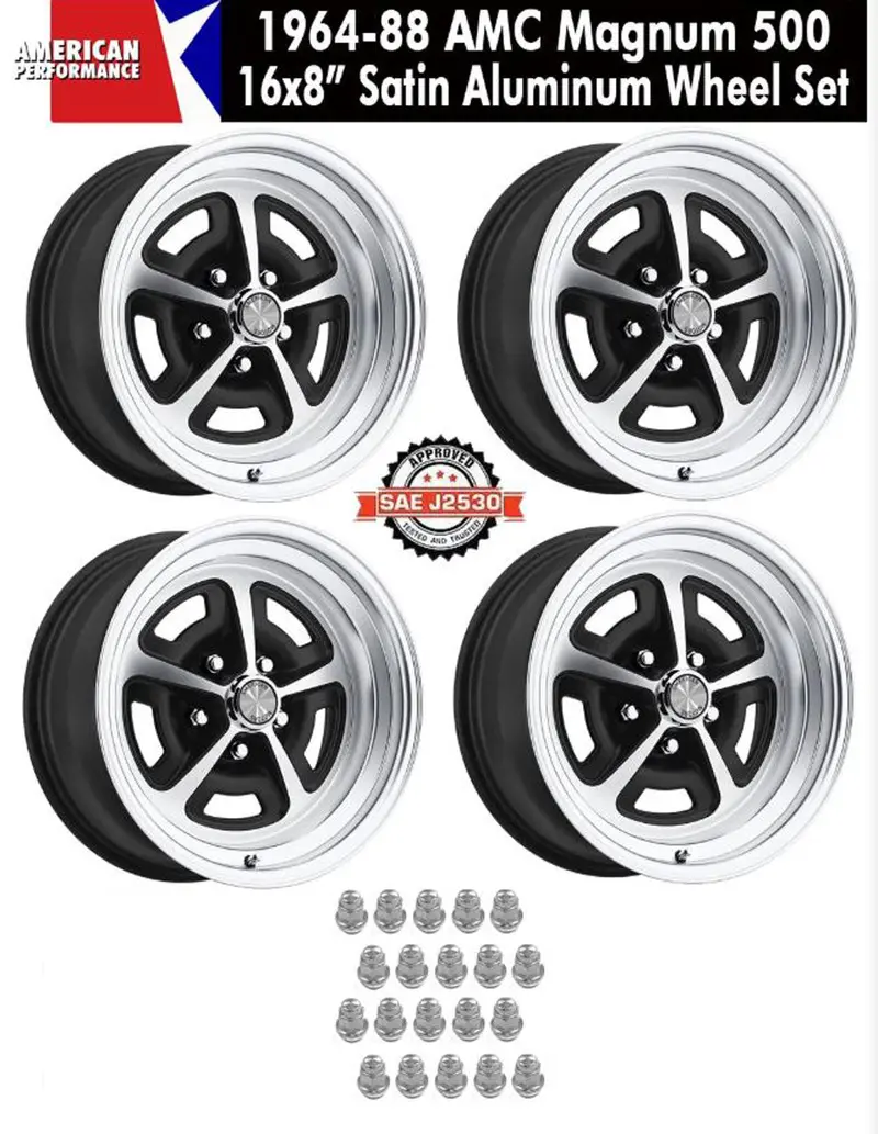 Magnum 500 Wheel, 16X8" Satin Aluminum, Set Of 4 With Center Cap Emblems Only & Lug Nuts, 1964-88 Amc, Rambler, Eagle - Drop Ships In Approx. 1-4 Weeks 1