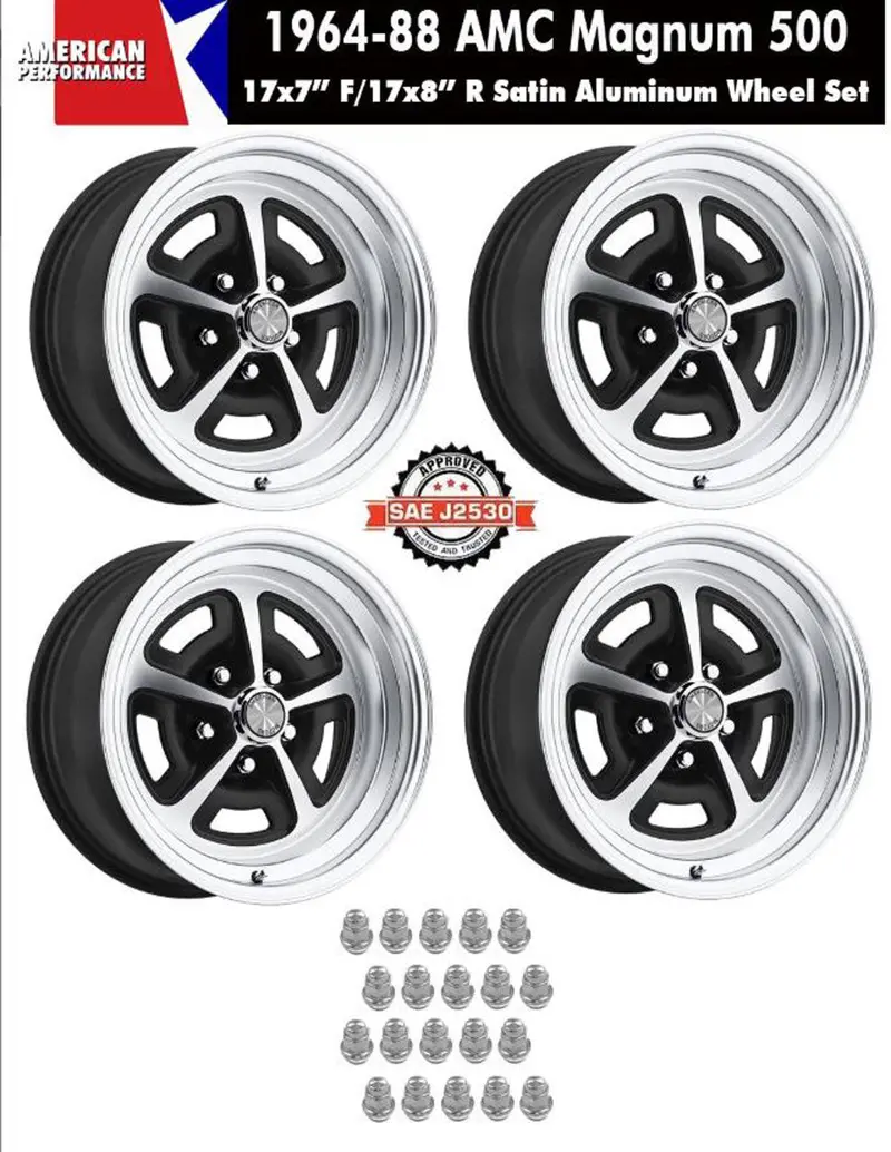 Magnum 500 Wheel, 17X7"/17X8" Staggered Satin Aluminum, Set Of 4 With Center Cap Emblems Only & Lug Nuts, 1964-88 Amc, Rambler, Eagle - Drop Ships In Approx. 1-4 Weeks 1