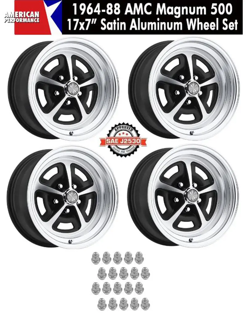 Magnum 500 Wheel, 17X7" Satin Aluminum, Set Of 4 With Center Cap Emblems Only & Lug Nuts, 1964-88 Amc, Rambler, Eagle - Drop Ships In Approx. 1-4 Weeks 1