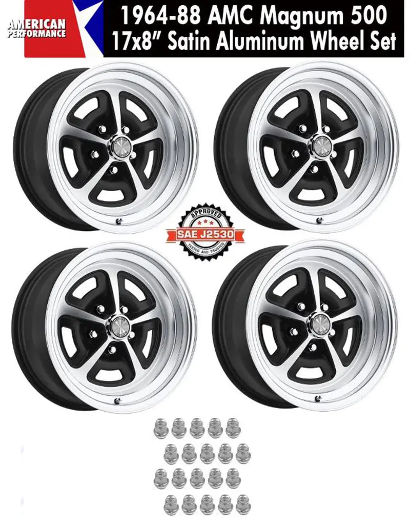 Magnum 500 Wheel, 17X8" Satin Aluminum, Set Of 4 With Center Caps Emblems Only & Lug Nuts, 1968-74 Amc Javelin, Javelin Amx, Amx - Drop Ships In Approx. 1-4 Weeks 1
