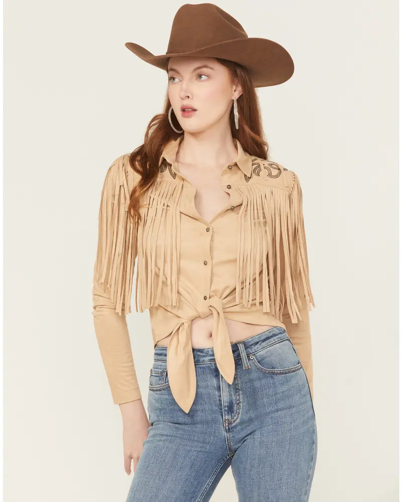 Mckinney Faux Suede Long Sleeve Fringe Top 1