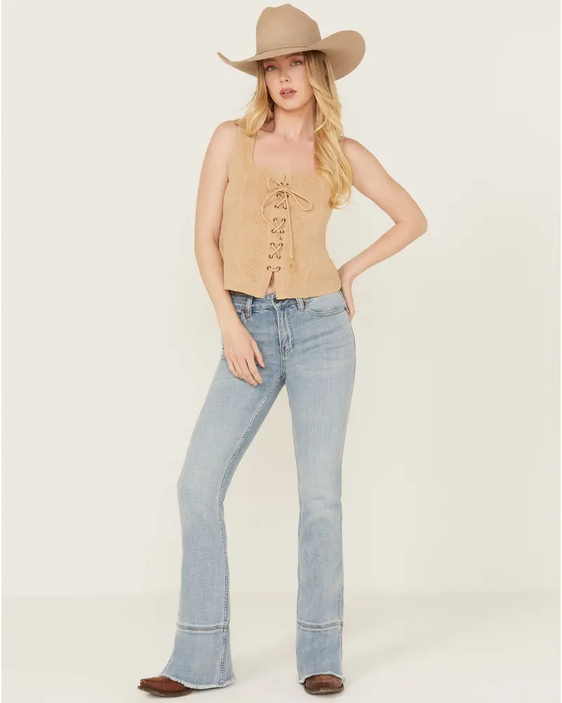 Medium Wash Gypsy High Rise Split Hem Bootcut Stretch Denim Jeans 1