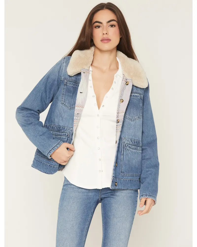 Medium Wash Reversible Sherpa Blanket Denim Jacket 1