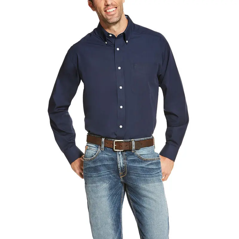 Men's Ariat Wrinkle Free Solid Long Sleeve Navy Shirt - 10020330 1