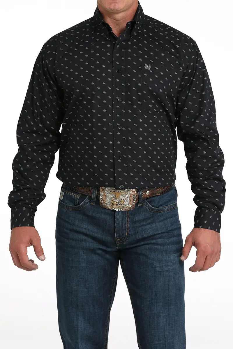 Men's Cinch Black Elk Print Long Sleeve Shirt - Mtw1105988 1