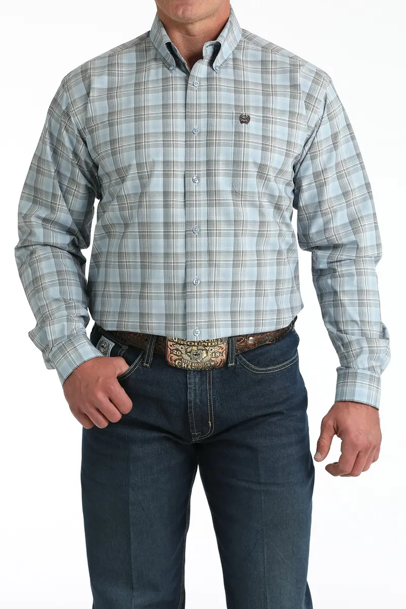 Men's Cinch Blue Plaid Long Sleeve Button Down Shirt - Mtw1106000 1