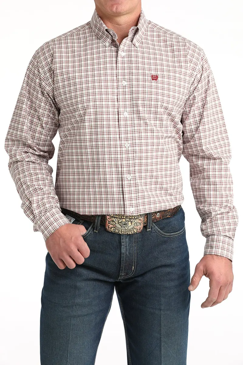 Men's Cinch Burgundy Plaid Long Sleeve Shirt - Mtw1106015 1