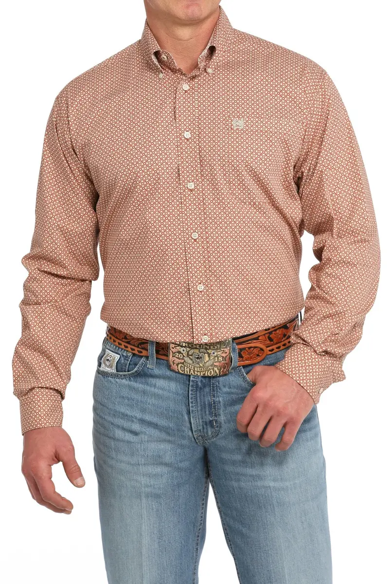 Men's Cinch Geometric Orange Print Button-Down Western Shirt - Mtw1105845 1