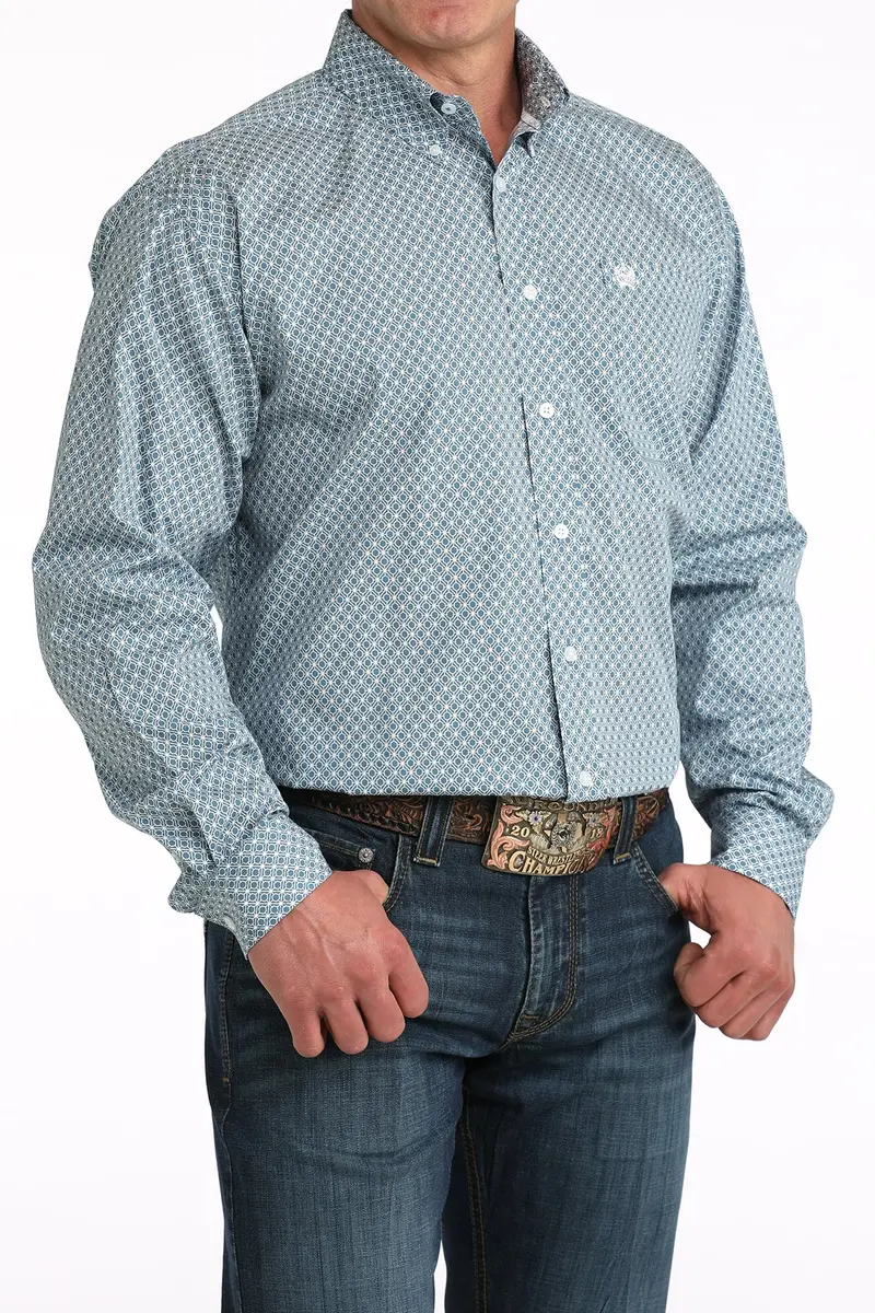 Men's Cinch Light Blue Geo Print Button Long Sleeve Shirt - Mtw1106048 1