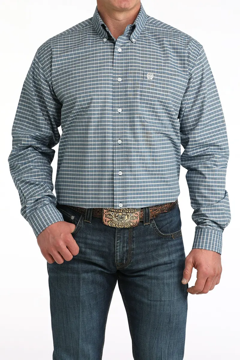 Men's Cinch Navy Plaid Button Down Long Sleeve Shirt - Mtw1106053 1