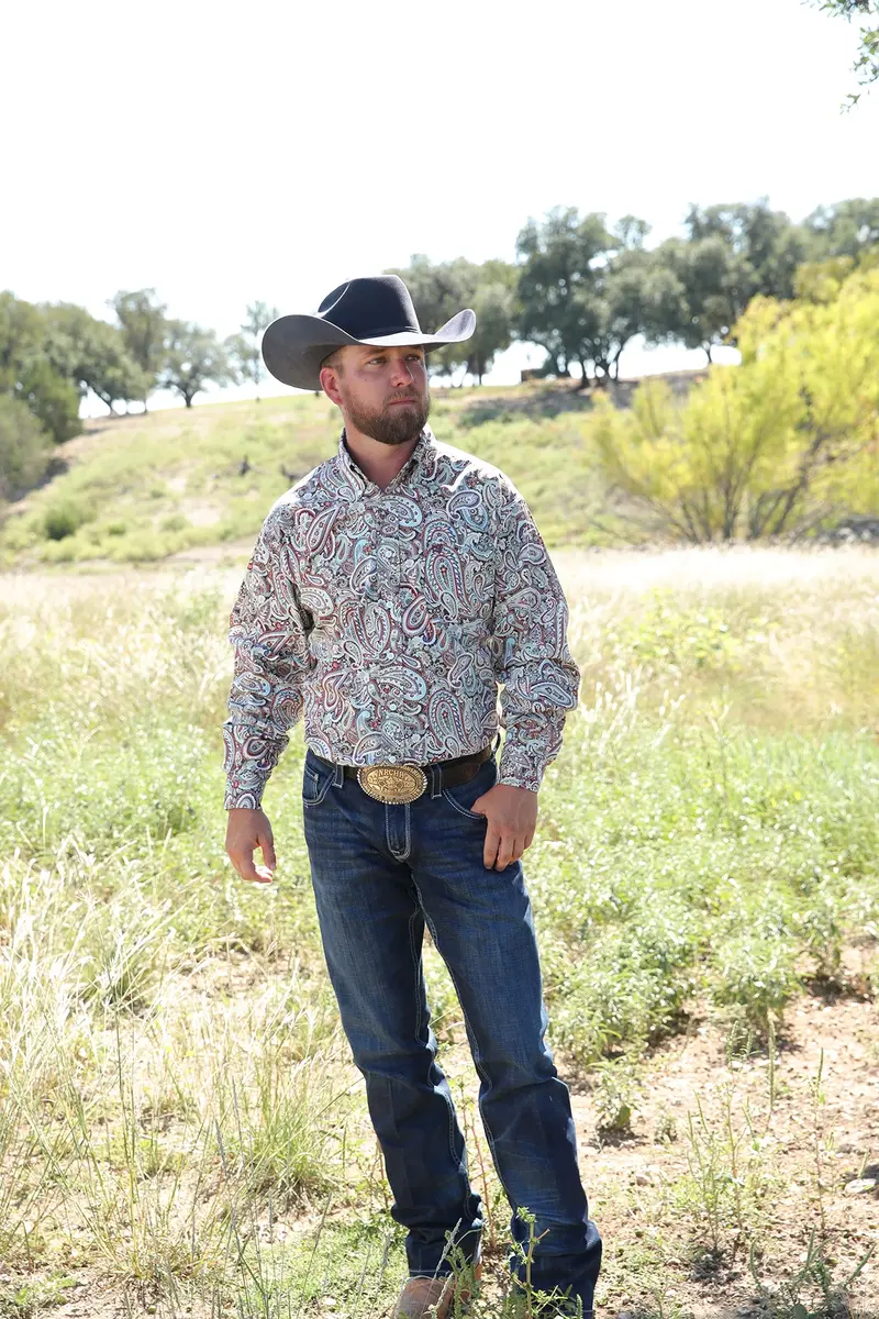 Men's Cinch Paisley Print Button Down Western Shirt Burgundy/Aqua/Brown - Mtw1105426 - Final Sale 1