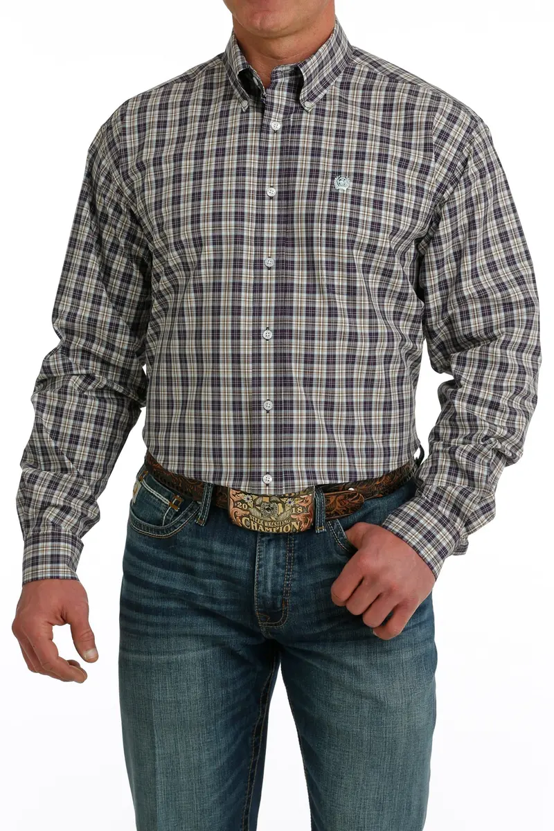 Men's Cinch Purple/Cream Plaid Long Sleeve Shirt - Mtw1105740 1