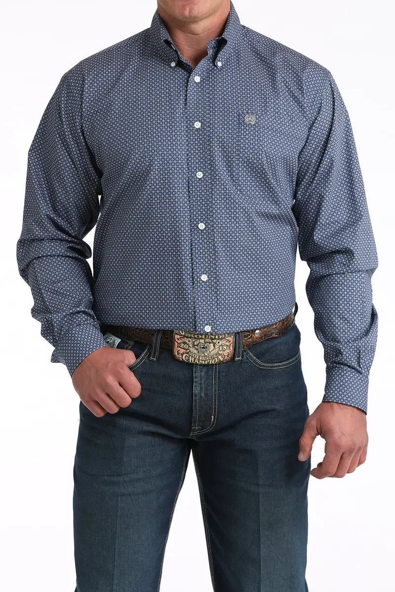Men's Cinch Royal Blue Geometric Long Sleeve Button Down Shirt - Mtw1106012 1