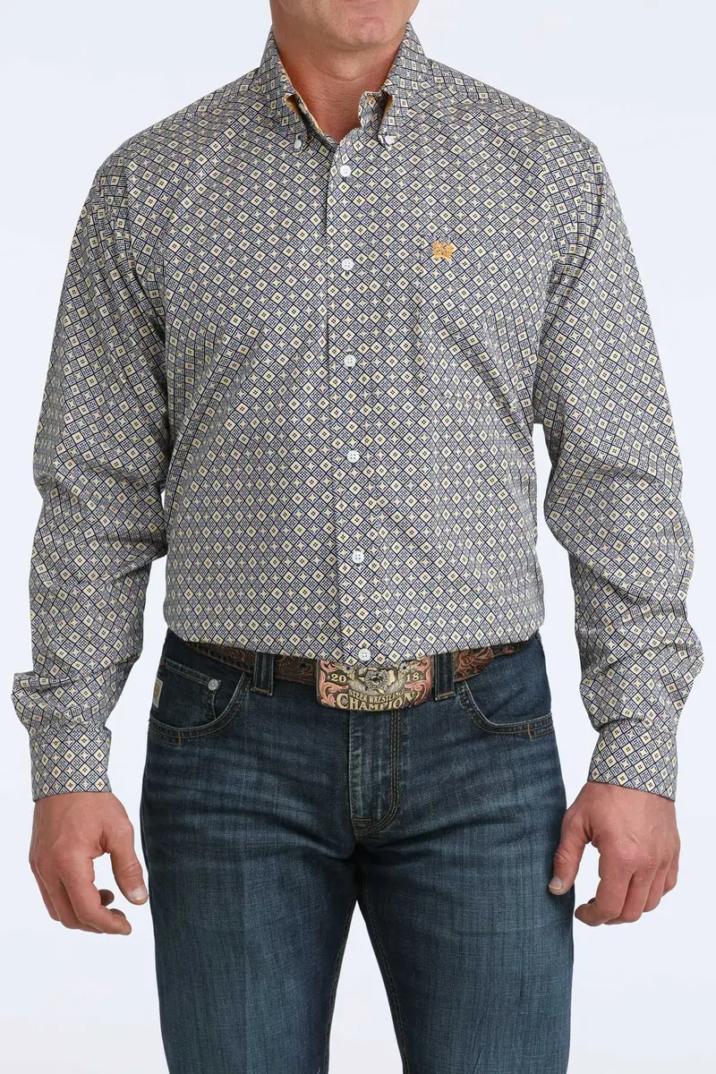 Men's Cinch Royal Geometric Print Long Sleeve Shirt - Mtw1106073 1