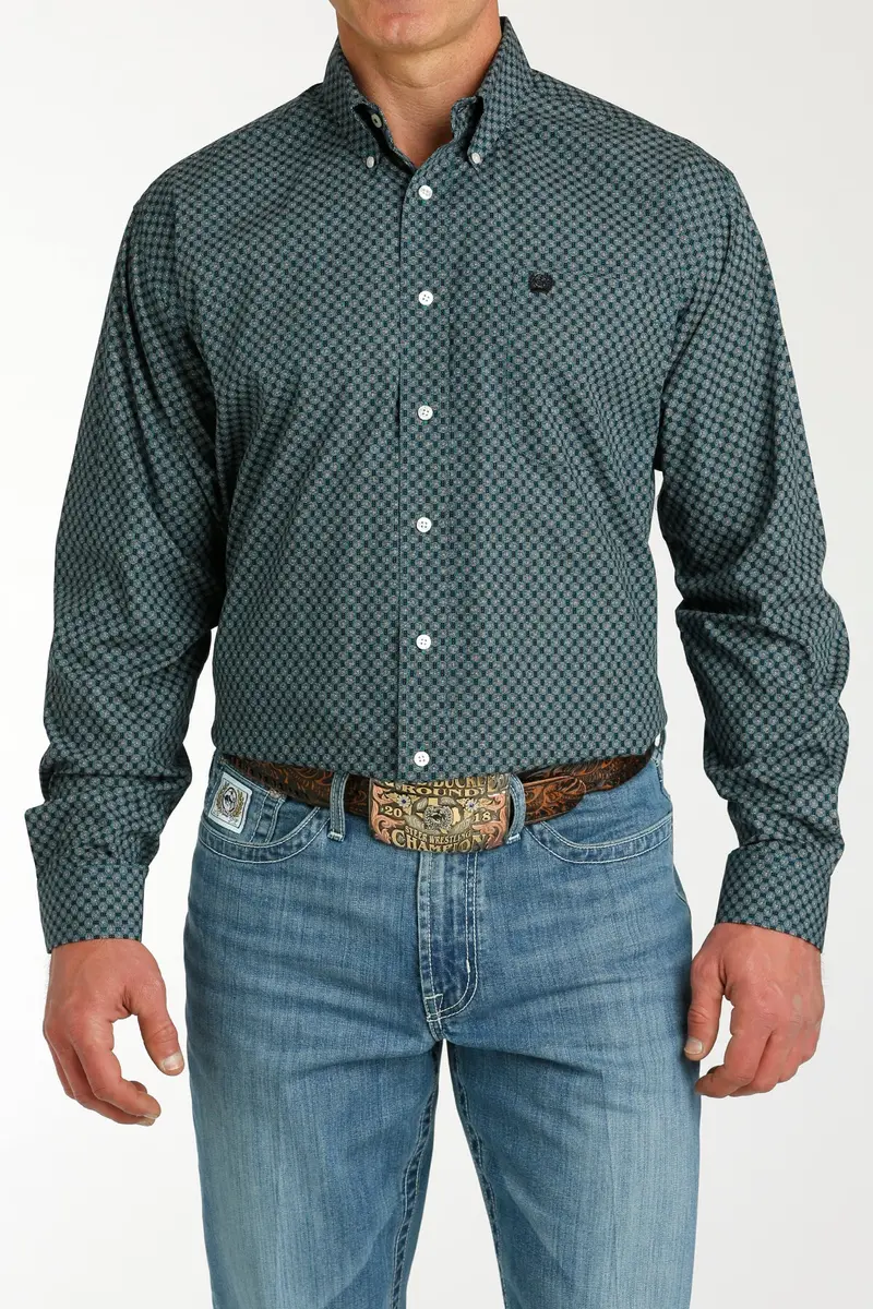 Men's Cinch Teal Print Long Sleeve Shirt - Mtw1105776 1