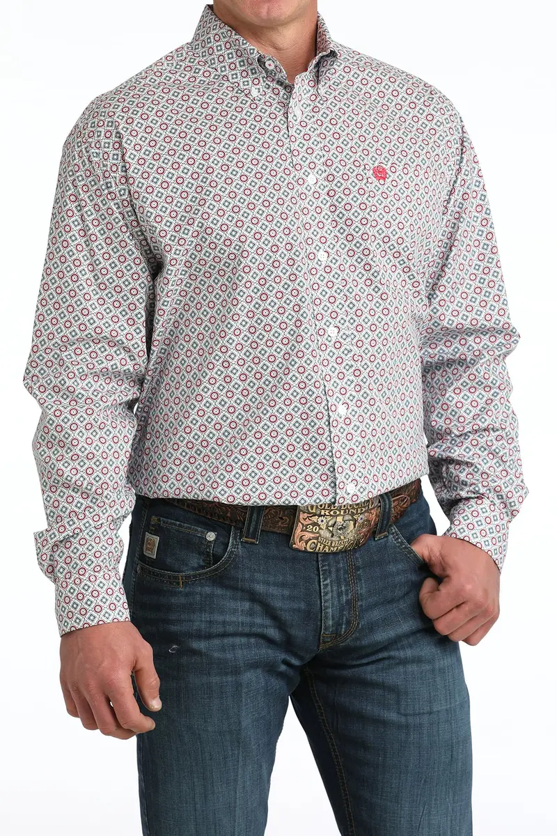 Men's Cinch White Geo Print Button Long Sleeve Shirt - Mtw1106055 1