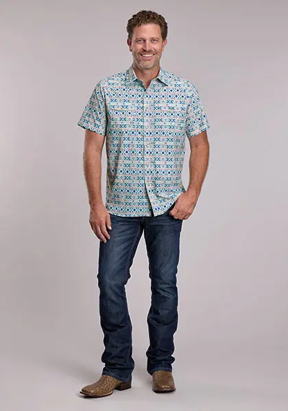 Men's Roper Active Short Sleeve Horizontsl Aztec Print Shirt - 5103 Bu 1