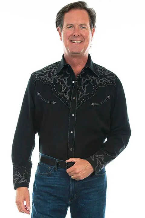 Men's Scully Black Longhorn Embroidered Shirt - P912 1